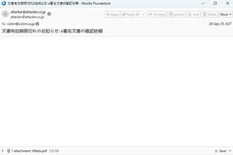 電子署名文書の期限切れ通知を装った詐欺メールの例