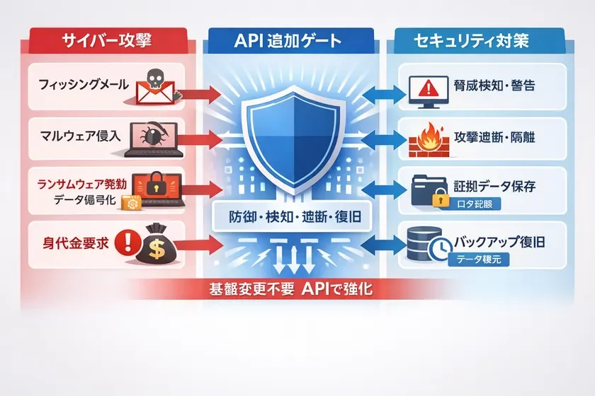サイバー攻撃（フィッシング、マルウェア、ランサムウェア、身代金要求）に対し、API追加ゲートが防御・検知・遮断・復旧の機能を提供し、基盤変更不要でセキュリティ対策を強化する仕組み