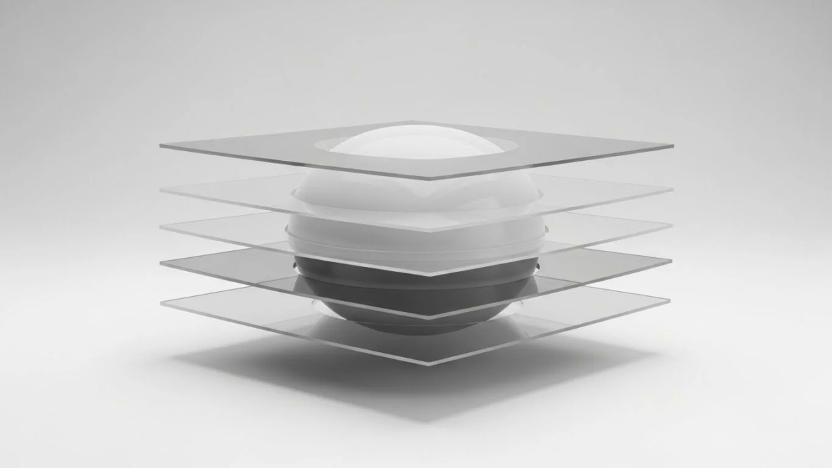 白いドーム状の物体と黒い台座を中心に、透明な正方形の板が等間隔に積層されたミニマリストな3Dレンダリング画像。清潔感のある背景で、技術的な構造やデザインコンセプトを示唆している。
