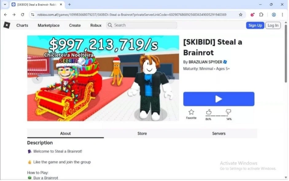Robloxの偽ゲームページ