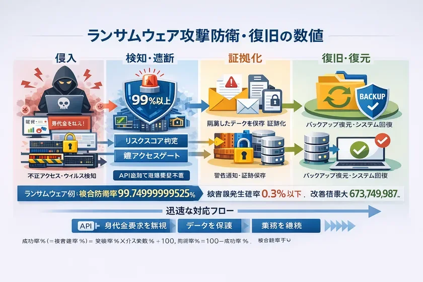 ランサムウェア攻撃に対する防御と復旧のプロセスを数値と共に図解