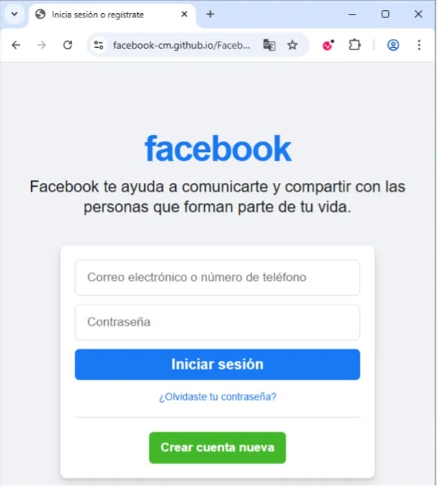 Facebookの偽ログインページ（スペイン語）