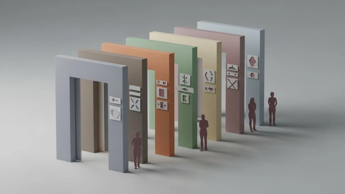 複数のカラフルな門状の構造物が並び、それぞれに抽象的な記号が描かれています。その傍らには人型のシルエットが立っており、多様な選択肢や情報、異なる道筋を示唆しているようなミニマルな3Dイラストレーションです。