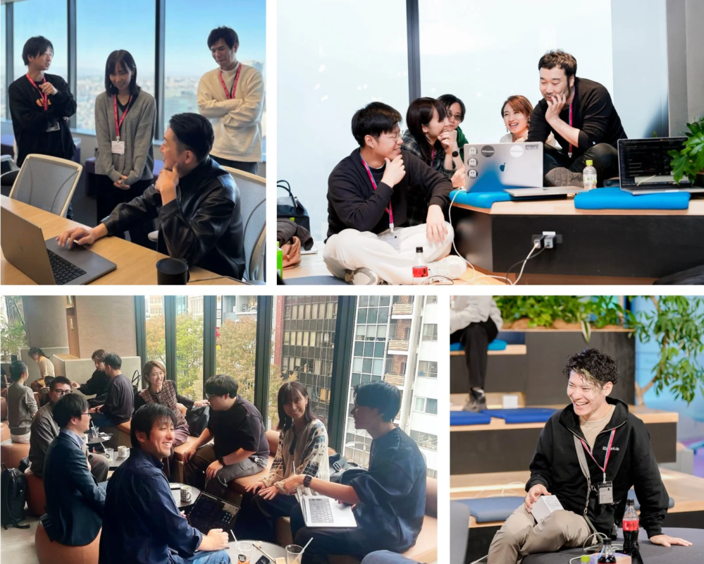 現代的で開放的なオフィス空間で、複数のグループがノートパソコンを囲み、笑顔で活発に交流している様子