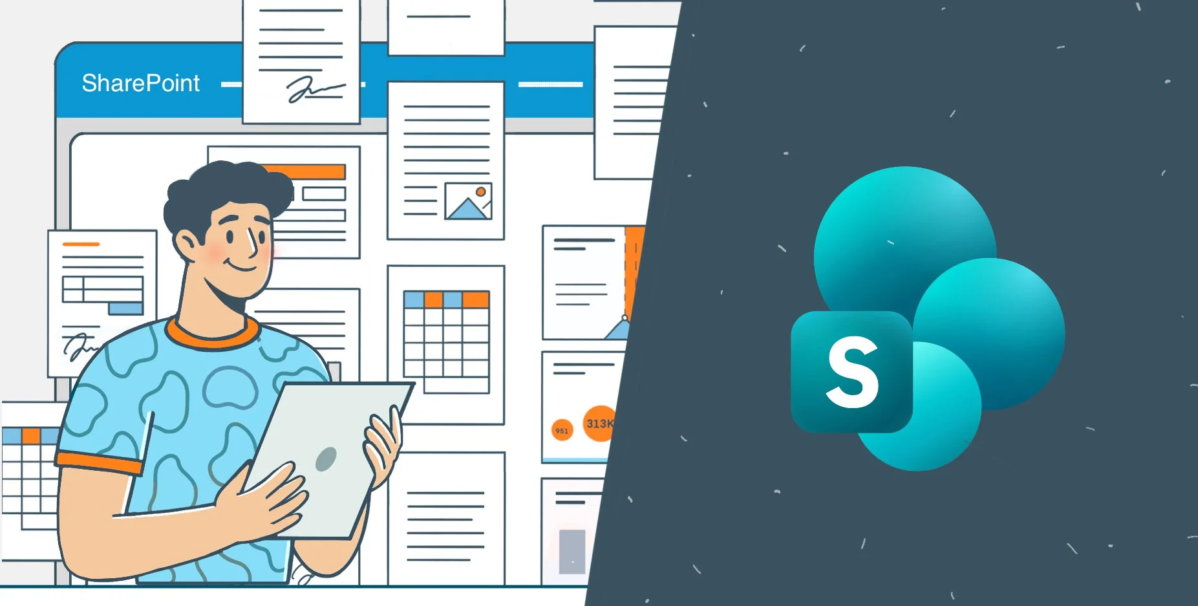 SharePointのドキュメント管理システムを操作する男性のイラスト