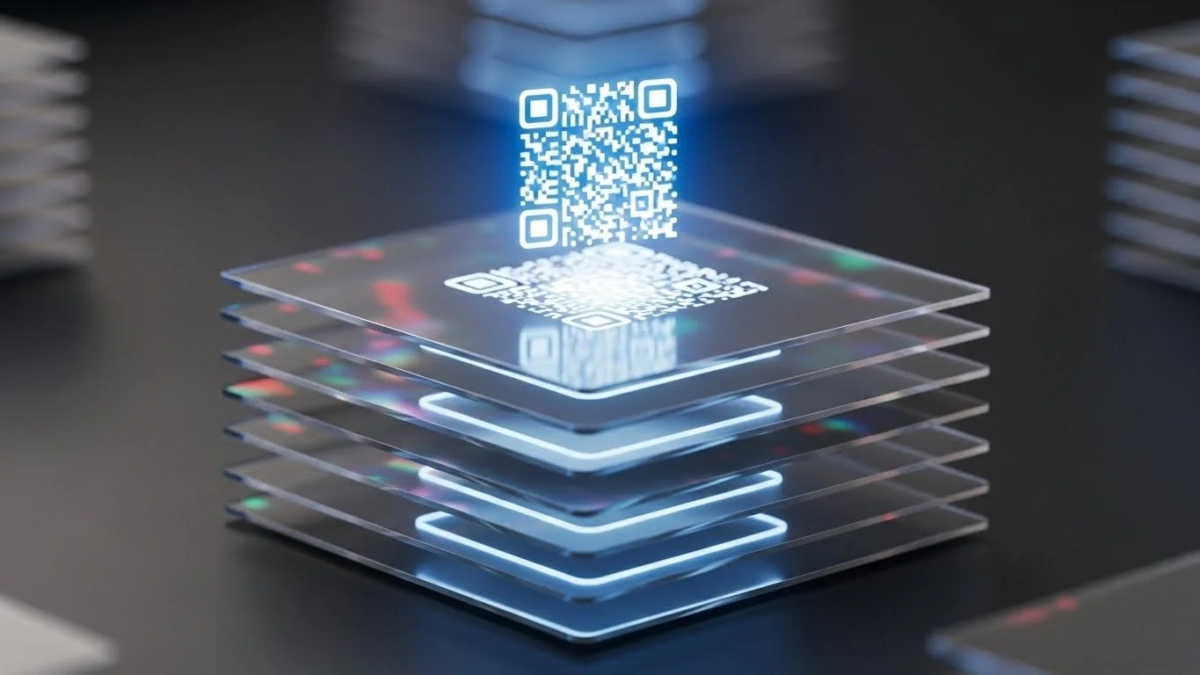 青く光るQRコードが透明な複数の層の上に投影されたイメージ
