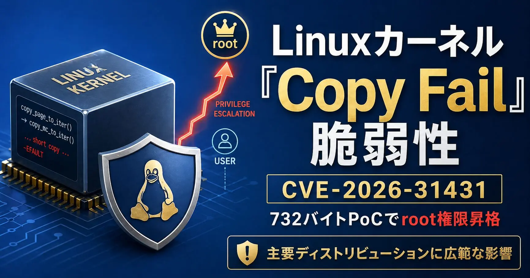 令闻ページ Linuxカーネル「Copy Fail」脆弱性、主要ディストリビューションに広範