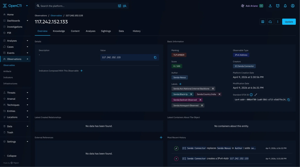 OpenCTIプラットフォームで、IPv4アドレス「117.242.152.133」の詳細情報が表示されています。TLP:AMBERの脅威レベル、関連するラベル（ブラックIP、ダークネット、ハニーポットなど）、作成・更新日時を含む観測データ概要です。