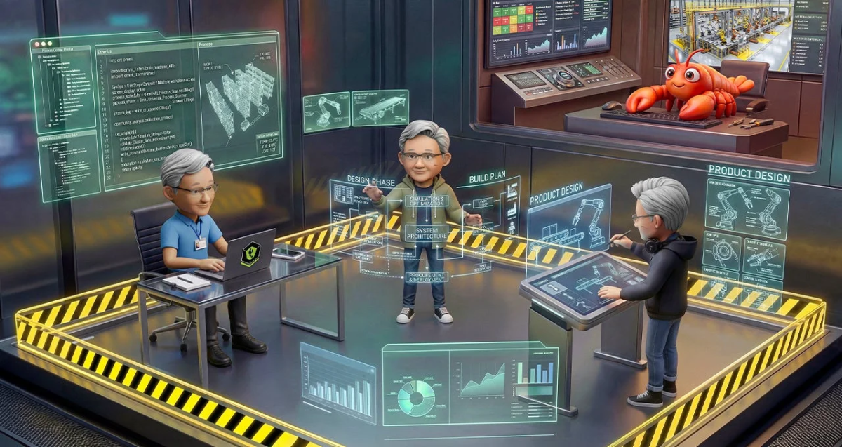 NVIDIAのジェンスン・フアン氏に似たアバター3人が、デジタルワークスペースで製造業の設計、シミュレーション、生産計画を進めています。ホログラフィック表示にコードや3Dモデル、データ分析が映し出され、デジタルツイン技術による工場管理と製品開発が描かれています。