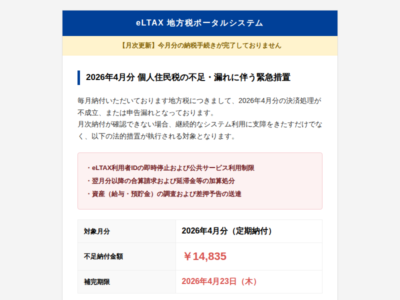 フィッシングメール本文のスクリーンショット