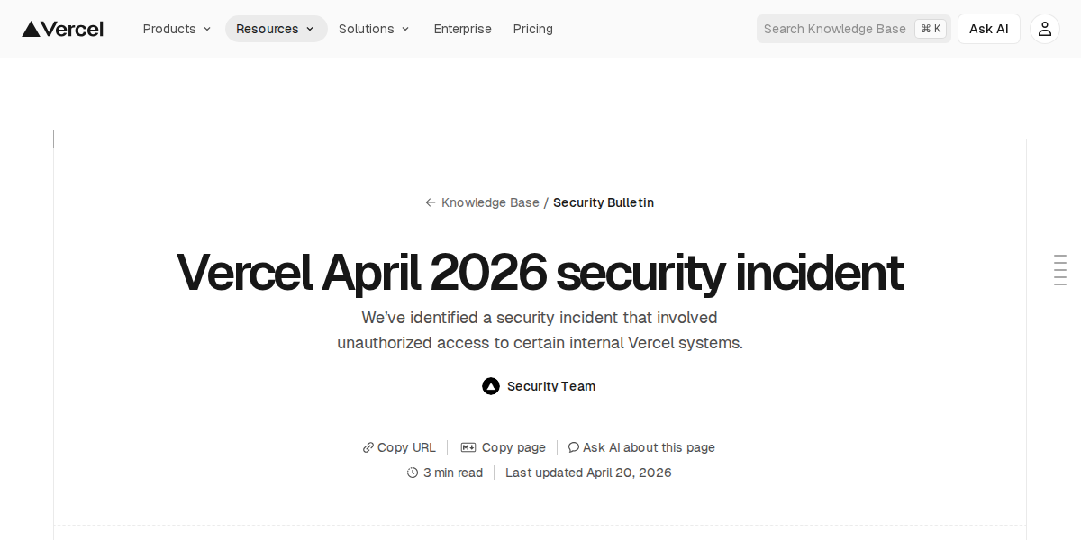 Vercel April 2026 security incident | Vercel Knowledge Base
