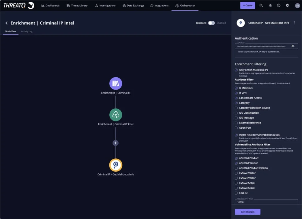 ThreatQのOrchestrator機能でCriminal IPからの悪意あるIP情報や関連脆弱性データを取得・連携する設定画面