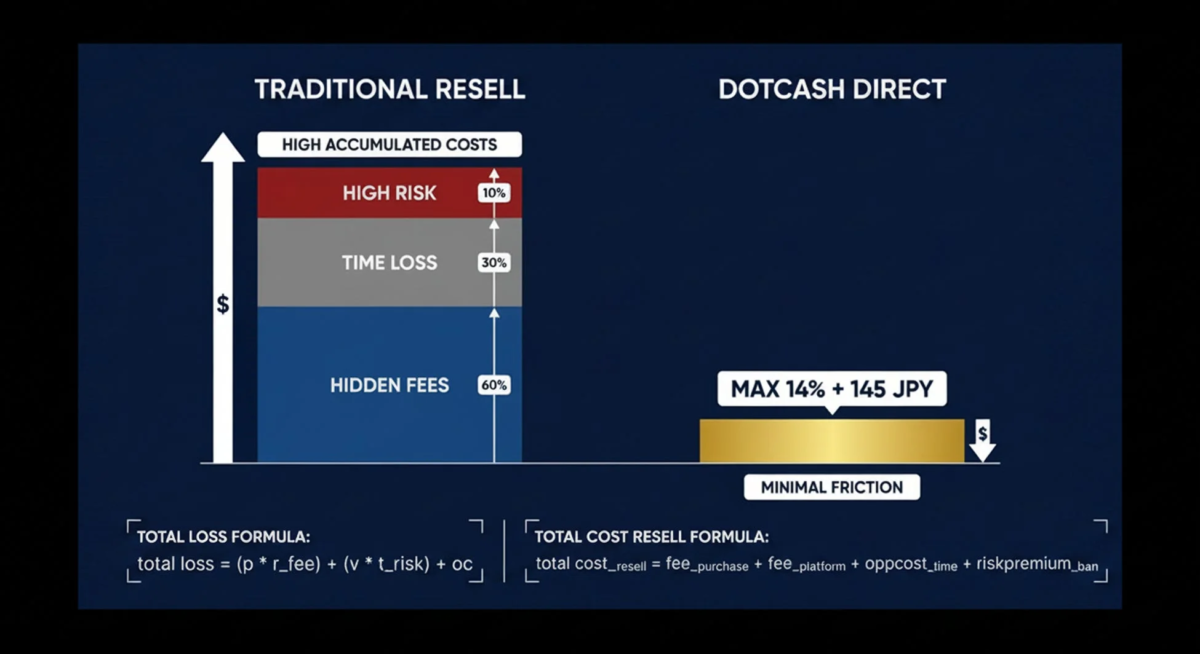 従来の再販方法とDOTCASH DIRECTのコスト構造を比較