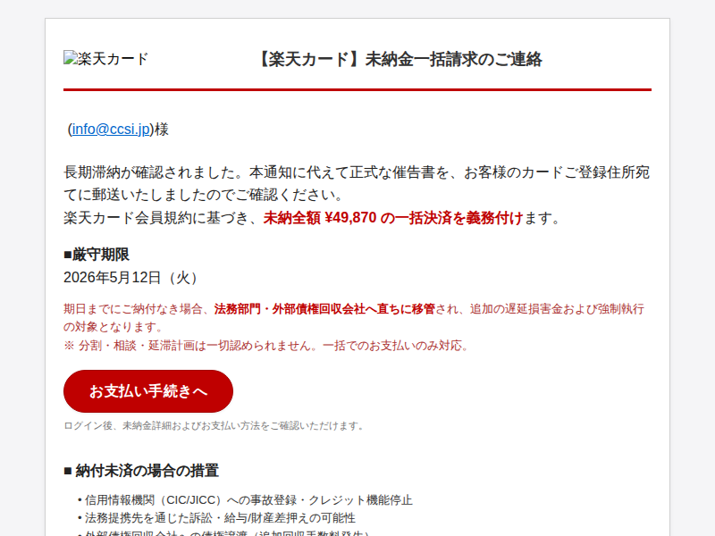 フィッシングメール本文のスクリーンショット