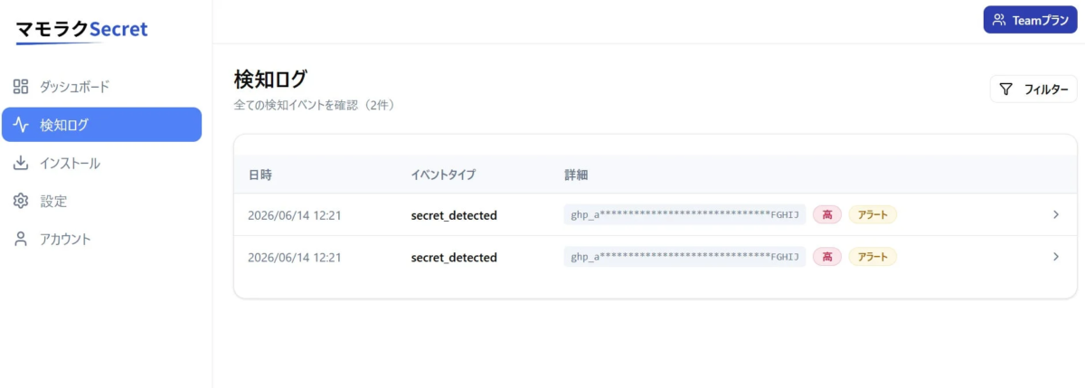 マモラクSecretの検知ログ画面