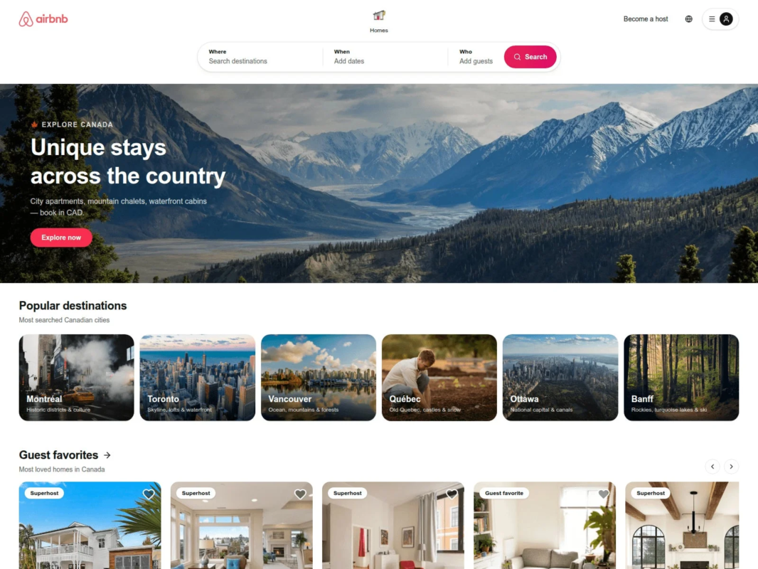 Airbnbのウェブサイトのスクリーンショット。カナダの雪山を背景に「Unique stays across the country」というキャッチフレーズがあり、カナダ全土の宿泊施設を紹介しています。モントリオールやトロントなどの人気都市と、バンフのような自然豊かな目的地がリストアップされています。