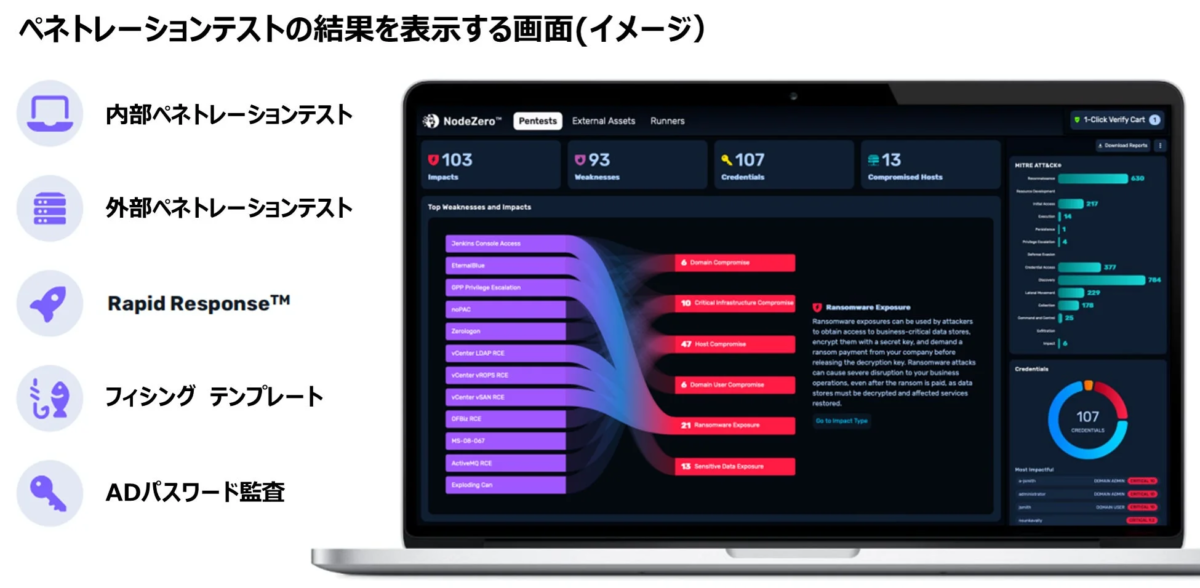 ペネトレーションテストの結果を表示する画面（イメージ）