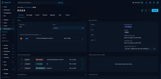 OpenCTIプラットフォームのIPアドレス詳細画面