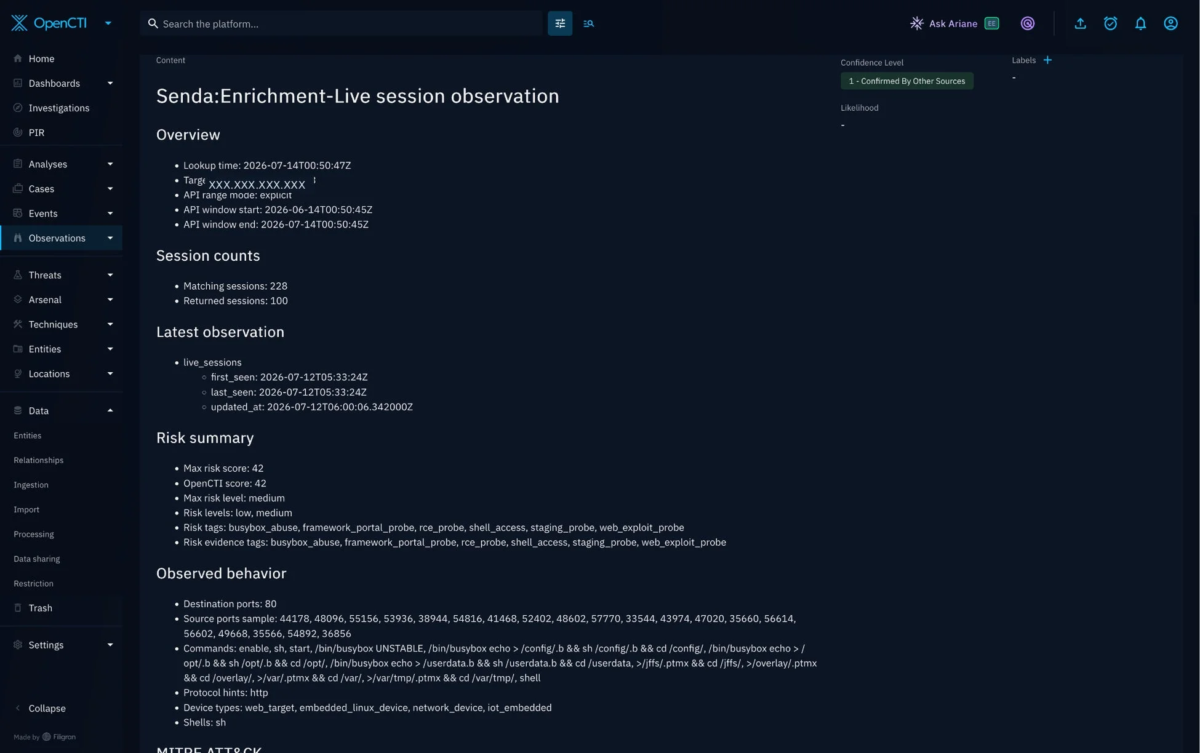 OpenCTIプラットフォームのライブセッション監視画面