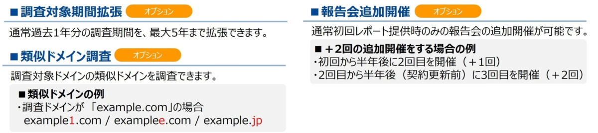 調査対象期間拡張や類似ドメイン調査などのオプションメニュー