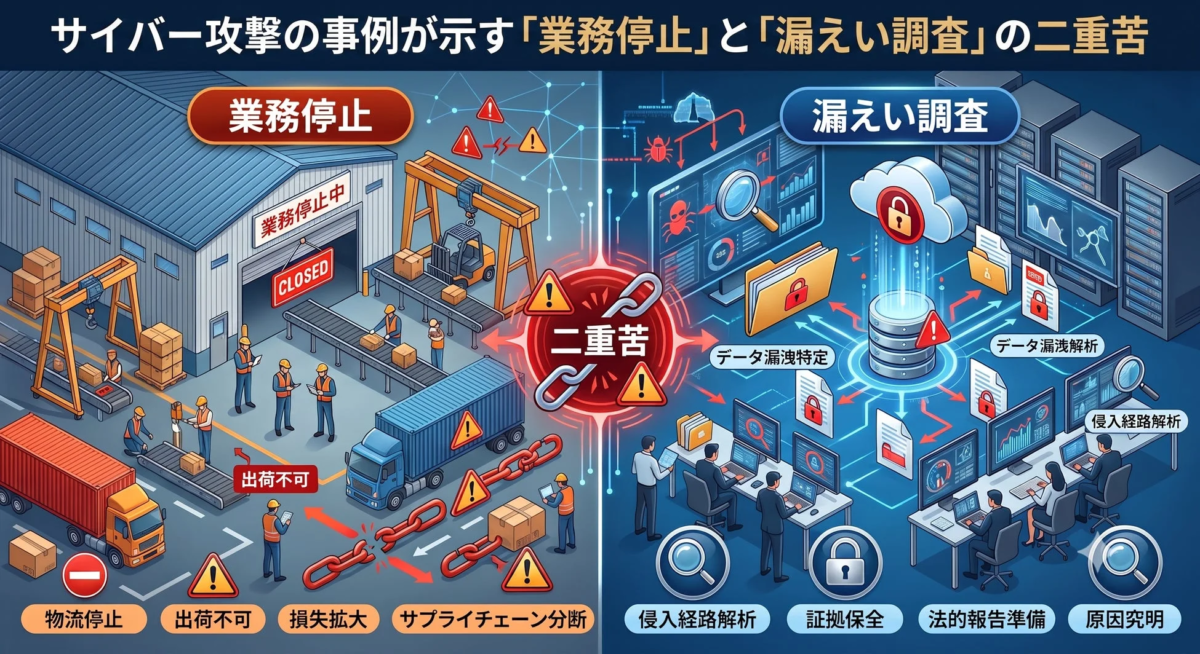 サイバー攻撃により発生する「業務停止」と「漏えい調査」という二重の苦難を表現した図