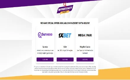 Surveoo、1XBET、MegaPari Casinoの3つの特別オファーを提示するウェブページ
