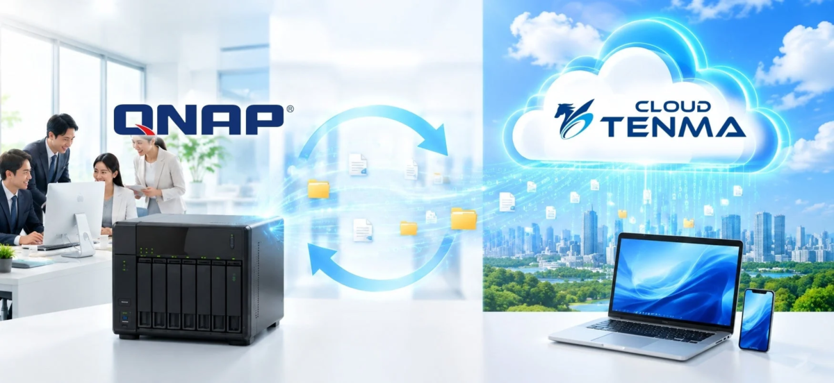 オフィスでQNAP NASとクラウドTENMAサービスを連携させ、データ管理と同期を行うビジネスソリューションのイメージ