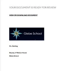 ドキュメントのレビュー準備が整ったことを通知するメッセージと、Glebe Schoolのロゴ