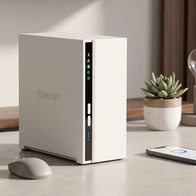 白いQNAP製NASデバイスがデスク上に置かれ、その隣にはマウス、スマートフォン、観葉植物が配置されています。