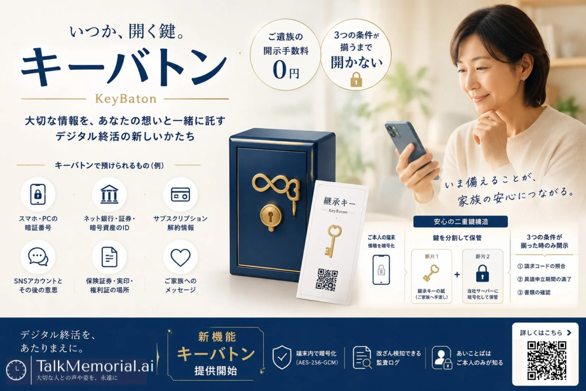 いつか、開く鍵。キーバトン KeyBaton 大切な情報を、あなたの想いと一緒に託す デジタル終活の新しいかたち ご遺族の開示手数料 0円 3つの条件が揃うまで開かない いま備えることが、家族の安心につながる。
