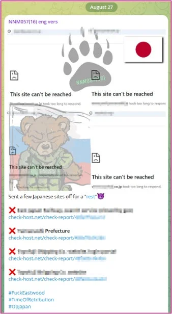 日本のウェブサイトがサイバー攻撃を受け、閲覧不能になっている状況を示す画像